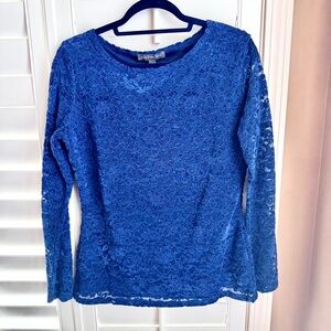 Kate & Mallory Blue Lace Long Sleeve Blouse L Sheer Overlay Stretch Lined Top
